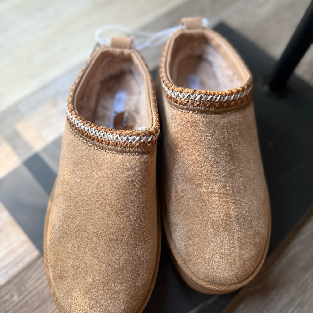 Mudd Tan Slip-On Shoes with Patterned Trim